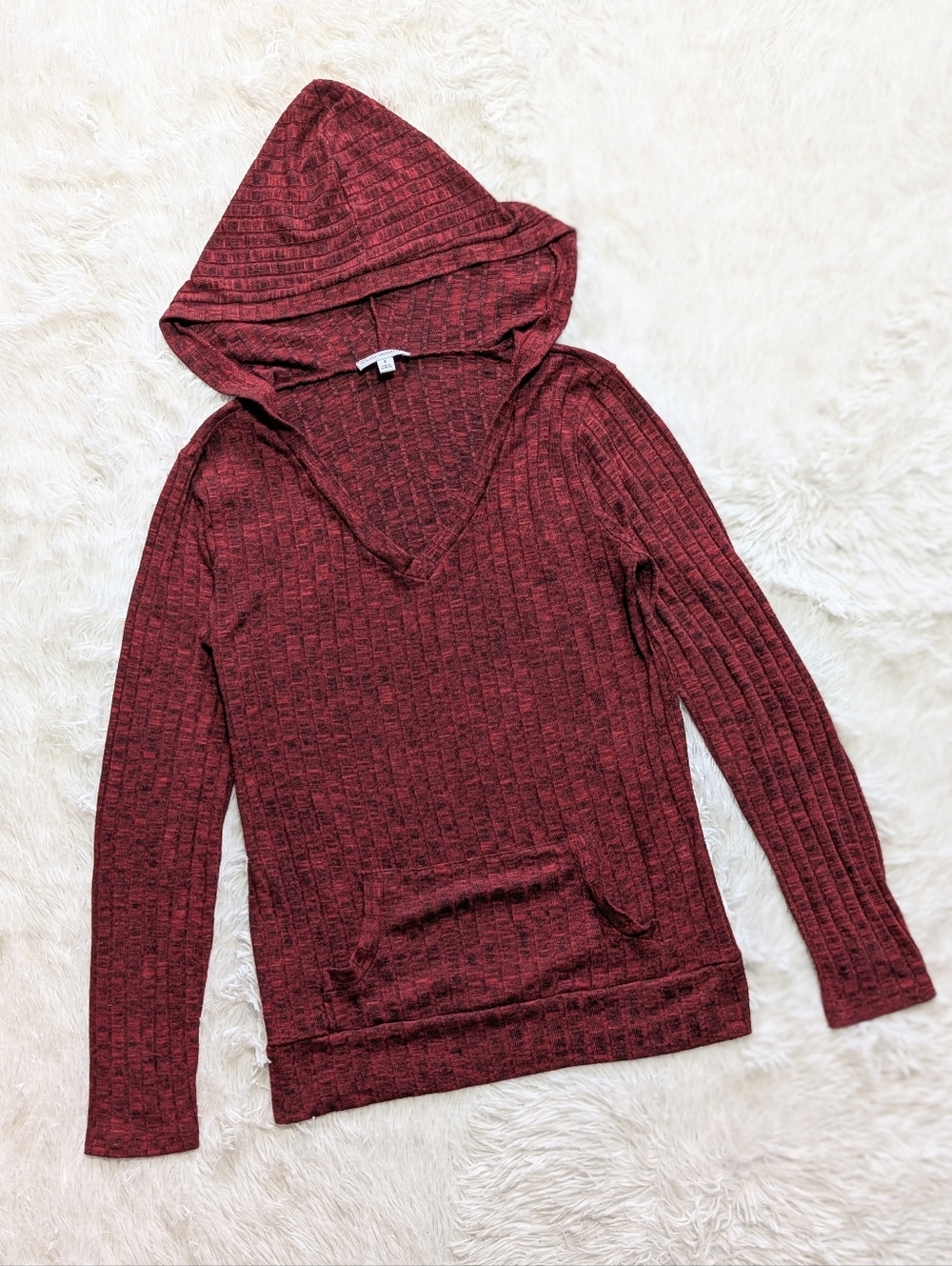 Y2K Zenana Red Hooded V Neck Marled Knit Sweater with Kangaroo Pocket Size Small